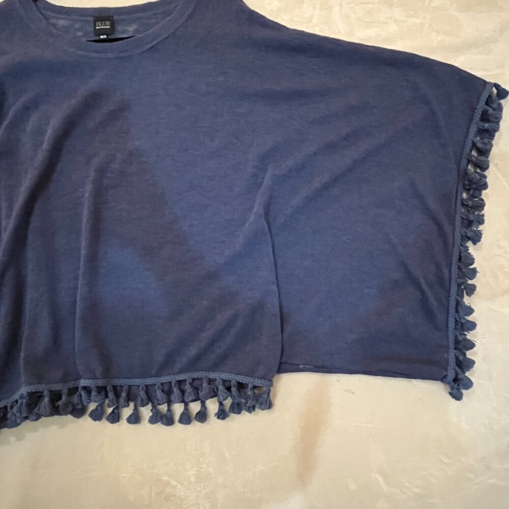 Womens BLUE Saks Fifth Avenue Blue Poncho Sweater Top With Fringe One Size - Picture 4 of 5